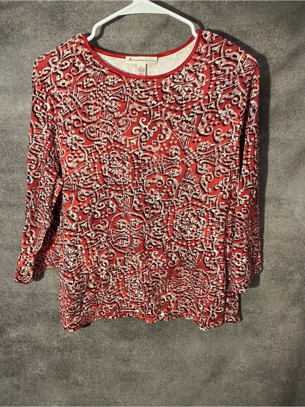 JM Collection Petite XL Top 3/4 Sleeve Red Black White Scroll Swirl Pattern